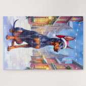 Dobermann Pinscher Sneeuw Dorp Kerstmuts Kerstmis Legpuzzel (Horizontaal)
