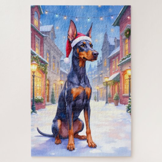 Dobermann Pinscher Sneeuw Dorp Kerstmuts Kerstmis Legpuzzel (Verticaal)