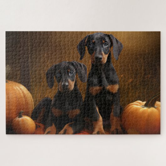 Dobermann Puppy Herfst Plezier Pompoen Legpuzzel (Horizontaal)