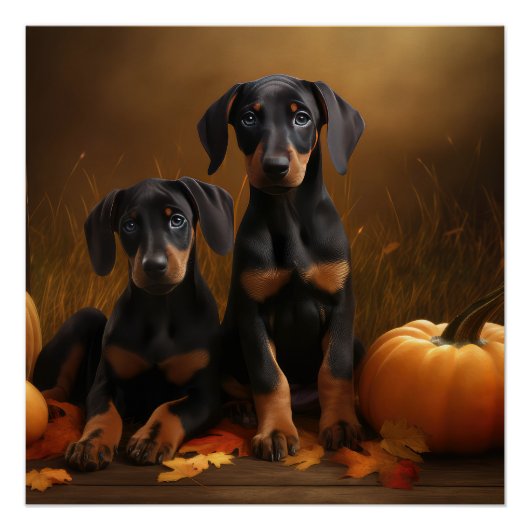 Dobermann Puppy Herfst Plezier Pompoen Perfect Poster (Voorkant)