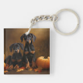 Dobermann Puppy Herfst Plezier Pompoen  Sleutelhanger (Achterkant)
