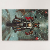 Dobermann rijdt op motorfiets met Kerstmis Legpuzzel (Horizontaal)
