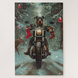 Dobermann rijdt op motorfiets met Kerstmis Legpuzzel