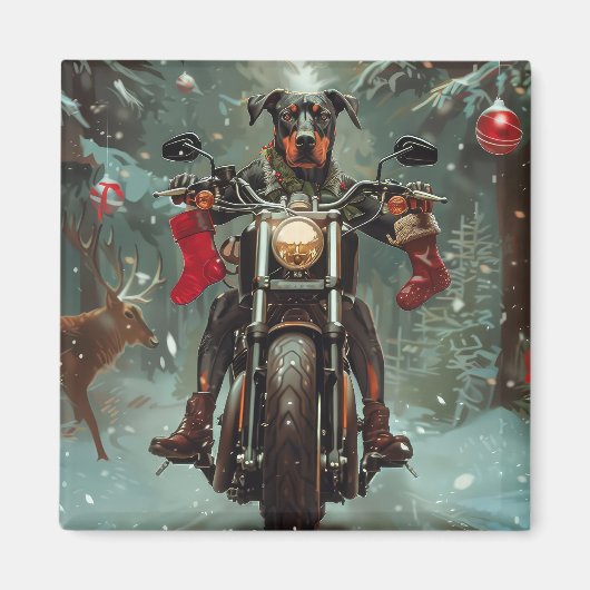 Dobermann rijdt op motorfiets met Kerstmis Magneet (Voorkant)