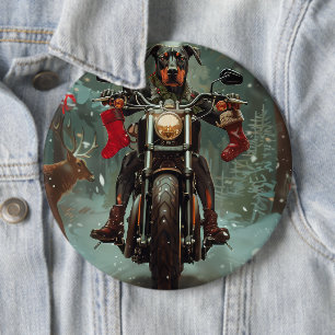 Dobermann rijdt op motorfiets met Kerstmis Ronde Button 6,0 Cm