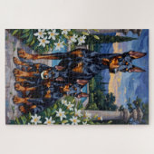 Dobermann schemering lelie tuin kunst legpuzzel (Horizontaal)