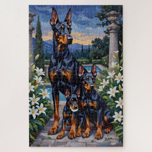 Dobermann schemering lelie tuin kunst legpuzzel (Verticaal)