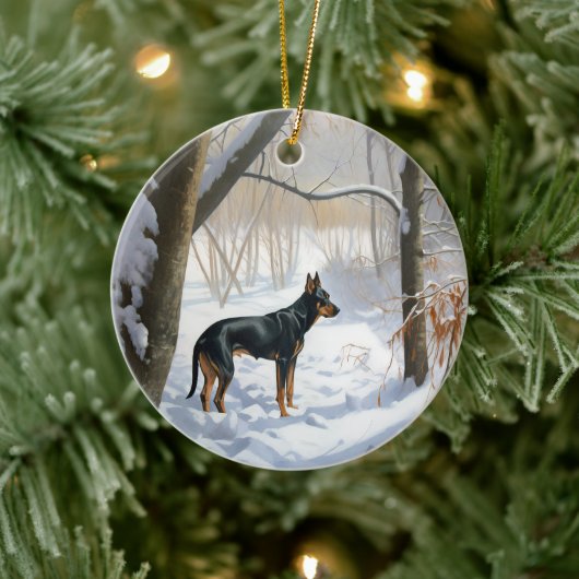 Dobermann Sneeuwt het Kerstmis Keramisch Ornament (Boom)