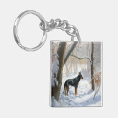 Dobermann Sneeuwt het Kerstmis Sleutelhanger (Voorkant Links)