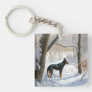 Dobermann Sneeuwt het Kerstmis Sleutelhanger
