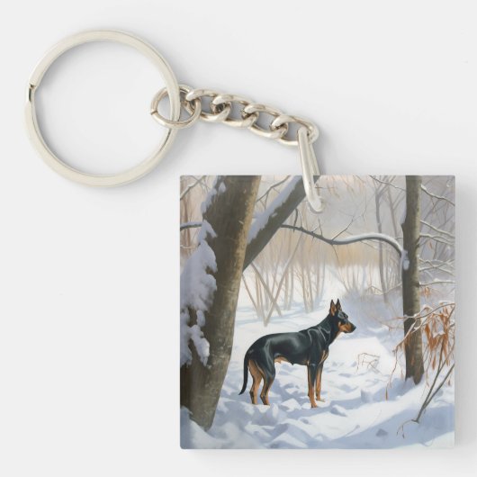 Dobermann Sneeuwt het Kerstmis Sleutelhanger (Voorkant)