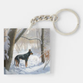 Dobermann Sneeuwt het Kerstmis Sleutelhanger (Achterkant)