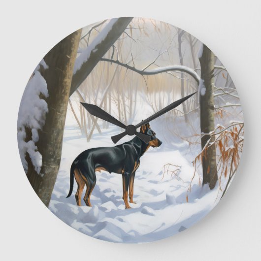 Dobermann Sneeuwt Kerstmis Grote Klok (Voorkant)