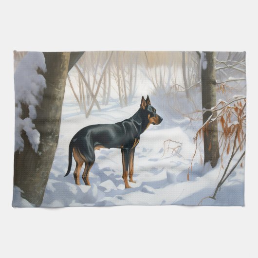 Dobermann Sneeuwt Kerstmis Theedoek (Horizontaal)