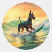 Dobermann Strand Surfing Schilderij Ronde Sticker (Voorkant)