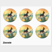 Dobermann Strand Surfing Schilderij Ronde Sticker (Vel)