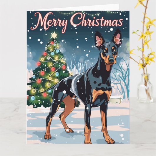Dobermann Vrolijk Kerstfeest Sneeuw Kaart (Gele Bloem)