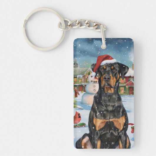 Dobermann Winter Wonderland Kerstvreugde Sleutelhanger (Voorkant)