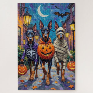 Dobermannenhonden gaan langs de deuren in Hallowee Legpuzzel