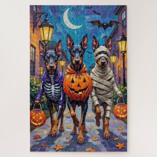 Dobermannenhonden gaan langs de deuren in Hallowee Legpuzzel (Verticaal)