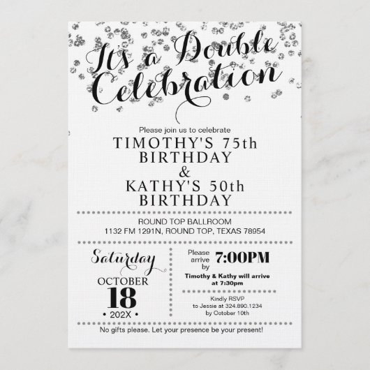 Doble Celebration Confetti Nep Zilver Uitnodiging (Voorkant)