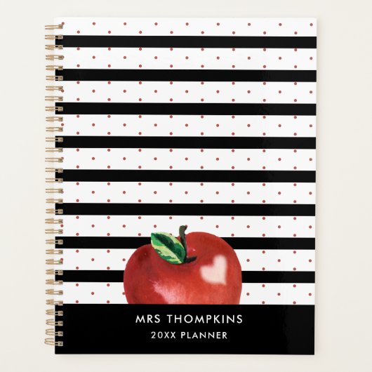 Docent Apple Heart Stripes Stippen gepersonaliseer Planner (Voorkant)