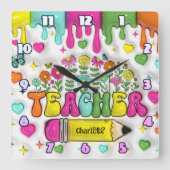 Docent: Kleurrijk, Bloemrijk, Inspirerend Ontwerp Vierkante Klok (Voorkant)