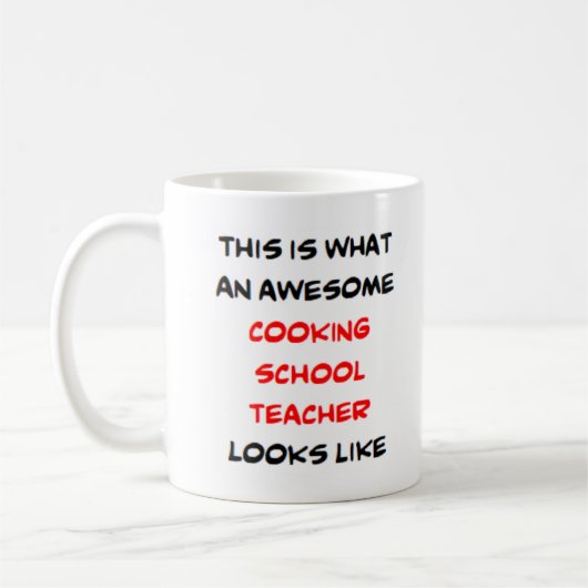 docent kookschool, geweldige koffiemok (Links)