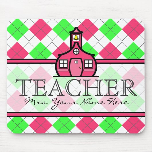 Docent Mousepad - Hot Pink en Lime Green Argyle Muismat (Voorkant)