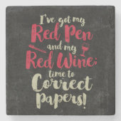 Docent Red Pen Red Wine Stenen Onderzetter (Voorkant)