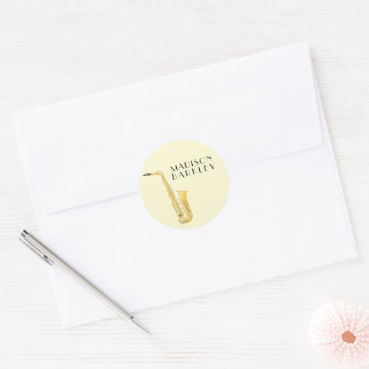 Docent saxofoonmuziek ronde sticker (Envelop)