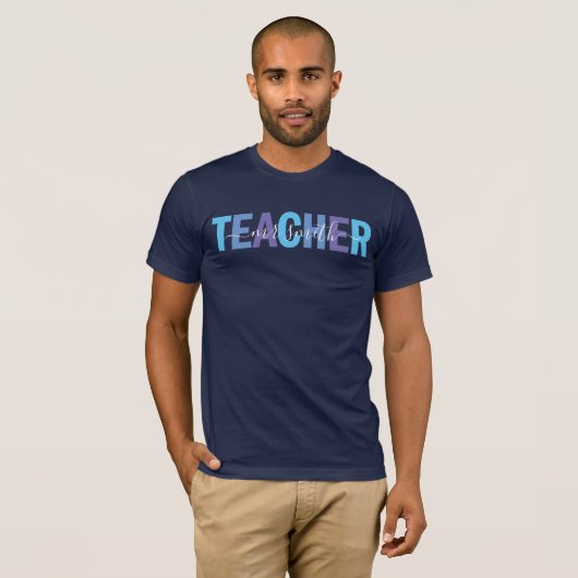 Docent Script Naam Blauw en Paarse Mannen T-shirt (Voorkant volledig)