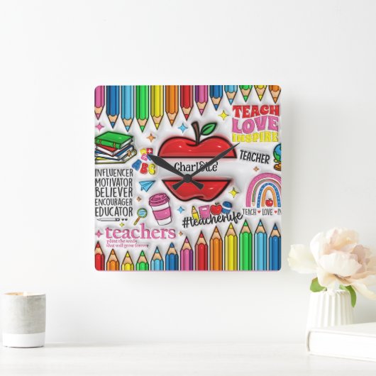 Docenten: inspireren, groeien, denken ,harten vierkante klok (Huis)