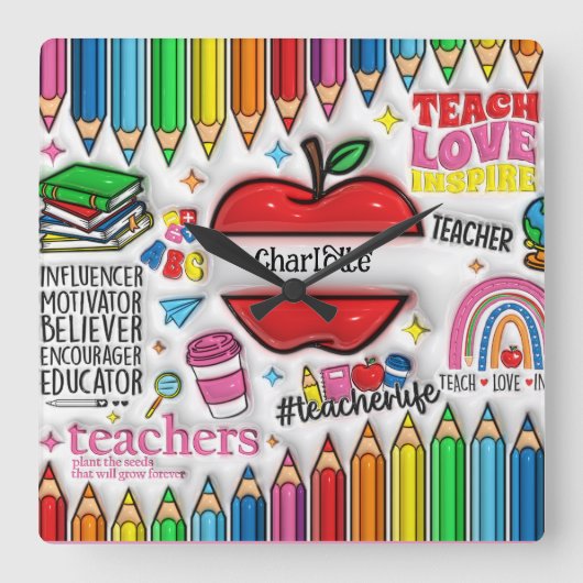 Docenten: inspireren, groeien, denken ,harten vierkante klok (Voorkant)