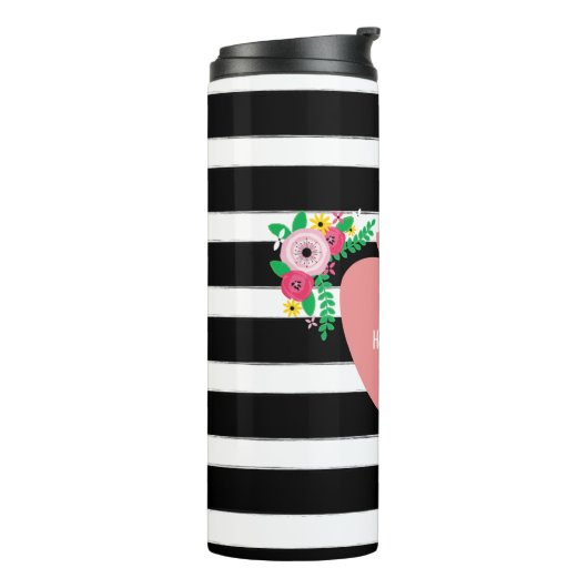 Docetsroze Apple Black + White Stripe Floral Thermosbeker (Gedraaid links)