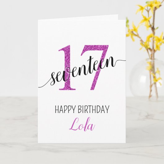Dochter 17 roze glitter verjaardagskaart kaart (Gele Bloem)