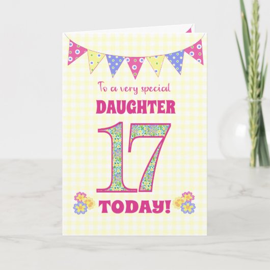 Dochter 17th Birthday Primrose en Bunting Kaart (Voorkant)