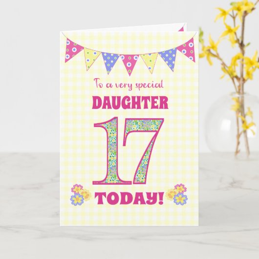 Dochter 17th Birthday Primrose en Bunting Kaart (Gele Bloem)