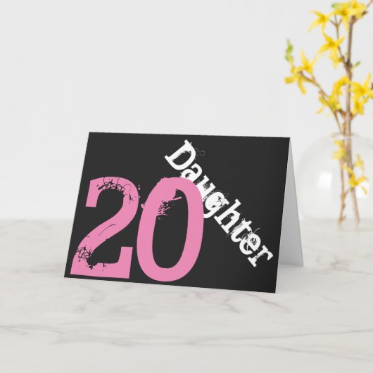 Dochter, 20ste verjaardag, wit, roze op zwart. kaart (Gele Bloem)