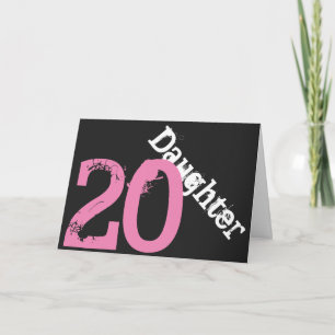 Dochter, 20ste verjaardag, wit, roze op zwart. kaart