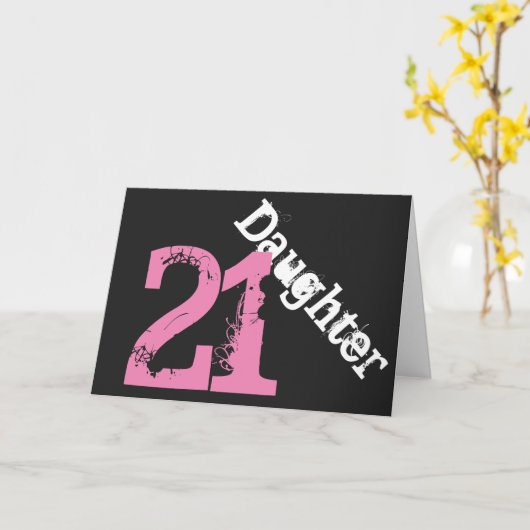 Dochter, 21ste verjaardag, wit, roze op zwart. kaart (Gele Bloem)