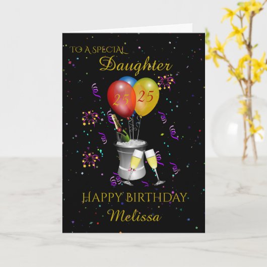 Dochter 25ste verjaardag Mousserende wijn zwart Kaart (Gele Bloem)