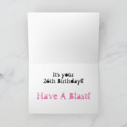 Dochter, 26ste verjaardag, wit, roze op zwart. kaart (Binnen)