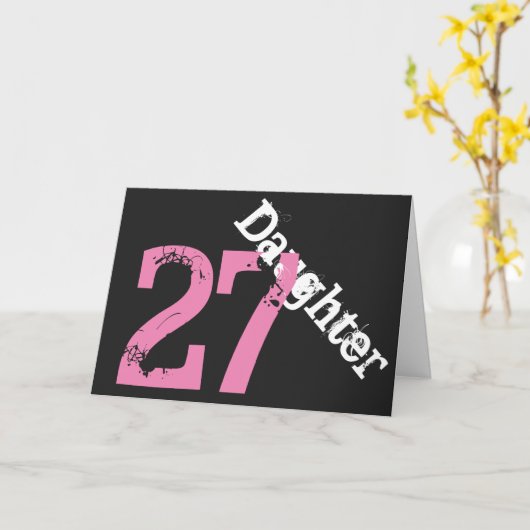 Dochter, 27ste verjaardag, wit, roze op zwarte kaart (Gele Bloem)