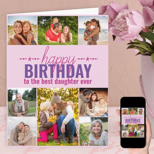 Dochter Birthday Foto Collage Persoonlijk Roze Kaart