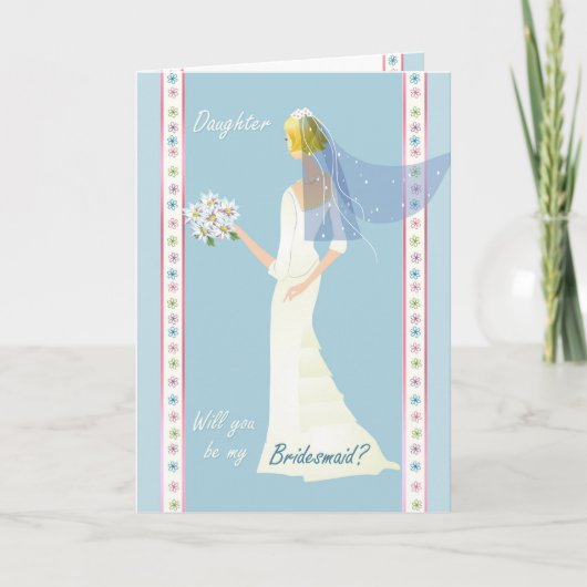 Dochter, Bridesmaid, witte jurk op blauwe uitnodig (Voorkant)
