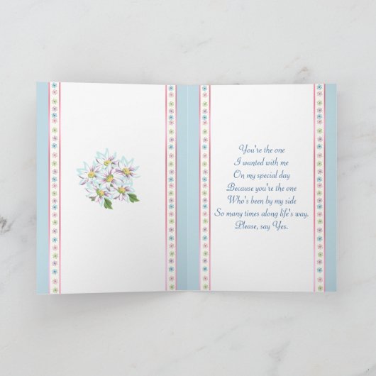 Dochter, Bridesmaid, witte jurk op blauwe uitnodig (Binnen)