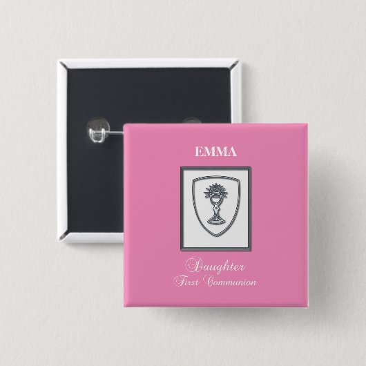 Dochter, Eerste Communie Zilveren Kelk Vierkante Button 5,1 Cm (Voorkant /achterkant)