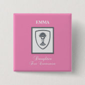 Dochter, Eerste Communie Zilveren Kelk Vierkante Button 5,1 Cm (Voorkant)