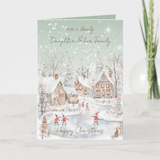 Dochter en haar familie Kerst besneeuwde huizen Feestdagen Kaart
